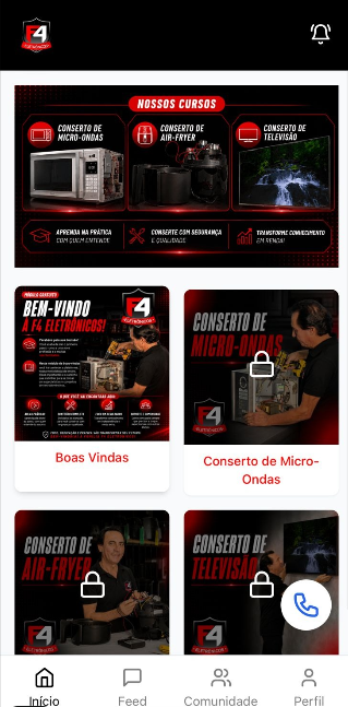Aplicativo F4 Eletrônicos — interface mobile do curso